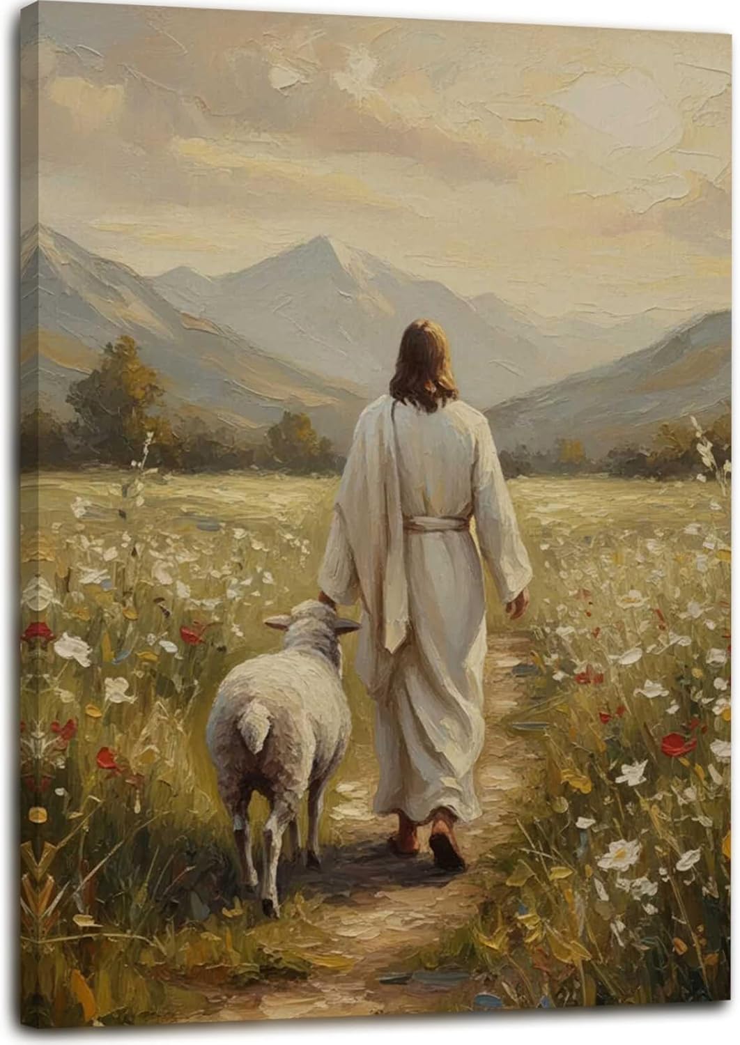 Jesus Leaves The 99 Sheep Canvas Wall Art Christian Posters Prints Jesus And Lamb Painting Spring Flowers Pictures The Lost Sheep Wall Decor Picture For Living Room Bedroom Church Prayer Home Decor 16x24 (Stretched Canvas On A Wooden Frame)