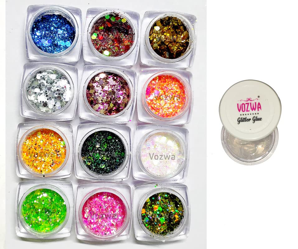 Professional Eye Makeup 12 Multicolor Chunky Eye Shadow Glitter Sparkle with Glitter Glue