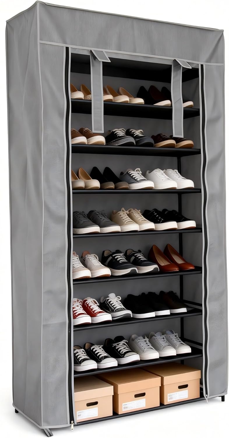 10-Tier Tall Shoe Rack with Visible Clear Dust-Proof Cover, Sturdy Free-Standing Organizer, Holds 40-56 Pairs for Entryway & Garage