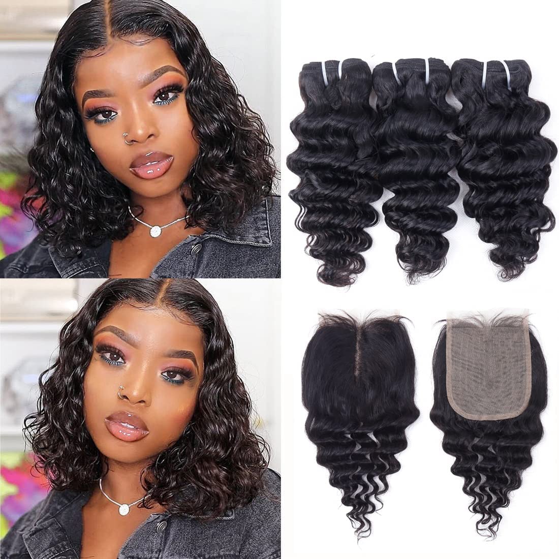 Deep Water Curly Wave Human Hair Bundles with Closure(10 10 10+10) Wet and Wavy 3 Bundles and Closure Unprocessed Brazilian Short Bob Hair Natural Black 50g/bundle