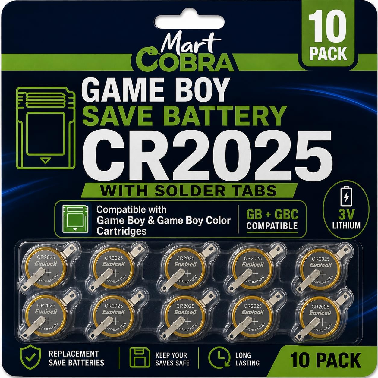 CR2025 3V Lithium Battery Tabbed Gameboy Cartridge Replacement Kit 10-Pack