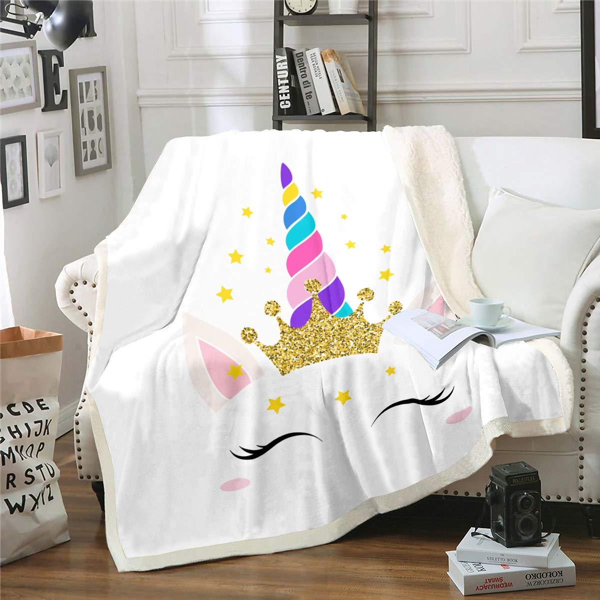Unicorn Blanket Girly Magical Animal Sherpa Blanket for Teens Fantasy Unicorn Pattern Fleece Throw Blanket Luxury Golden Crown Plush Blanket Room Decor Air Conditioning Baby 30"x40"