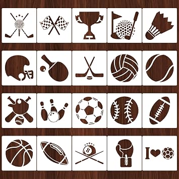 20 PCS Sports Stencils for Painting on Wood, 5x5 Inch Reusable Sports Theme Painting Templates, DIY Craft Template Paint Stencils Set for Wall Rock Decor