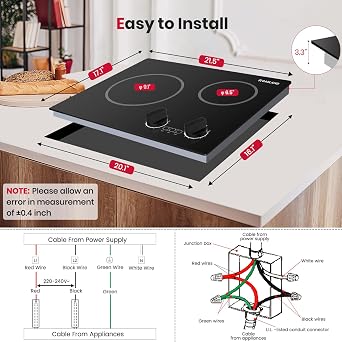 GASLAND 21 Inch Electric Cooktop 2 Burners, Built in Radiant Glass Stove Top for Apartment, UL Certified, 3700W Ceramic Electric Stovetop, 9 Heating Levels, Knobs Control, Instant Heating Up, 220V