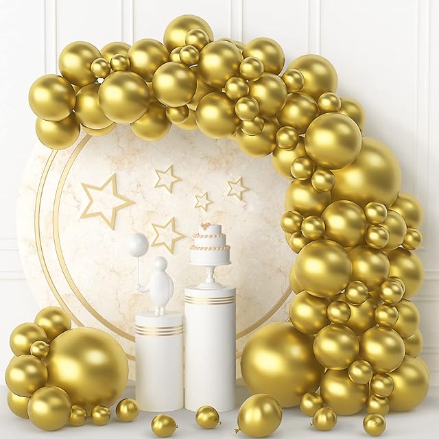 100Pcs Gold Balloons Metallic Gold Balloon Arch Kit Different Sizes 18/12/10/5 Inch Chrome Gold Latex Balloons for Birthday Baby Shower Wedding Engagement Graduation Party Decorations