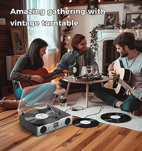 Miniatura 9 de VinylsLink - Tocadiscos con altavoces integrados, tocadiscos accionados por correa, soporte de 3 velocidades, radio FM y recepción Bluetooth, salida