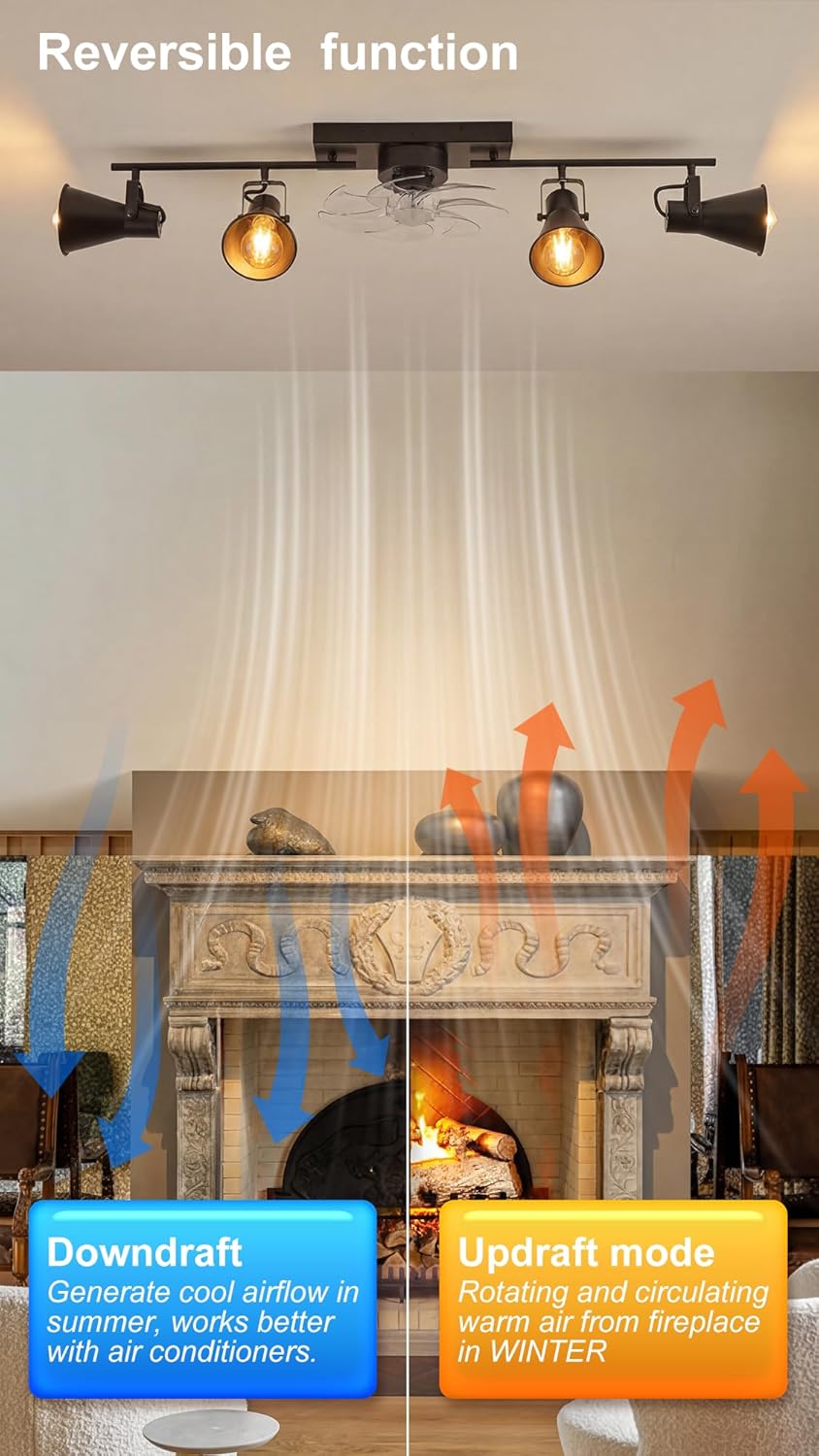 42 Inch Track Lighting Ceiling Fan with Remote, 6 Speed Quiet Reversible Fan, 4 Light Adjustable Track Light Fan Combo, E26 Base, Low Profile Design for Modern Spaces