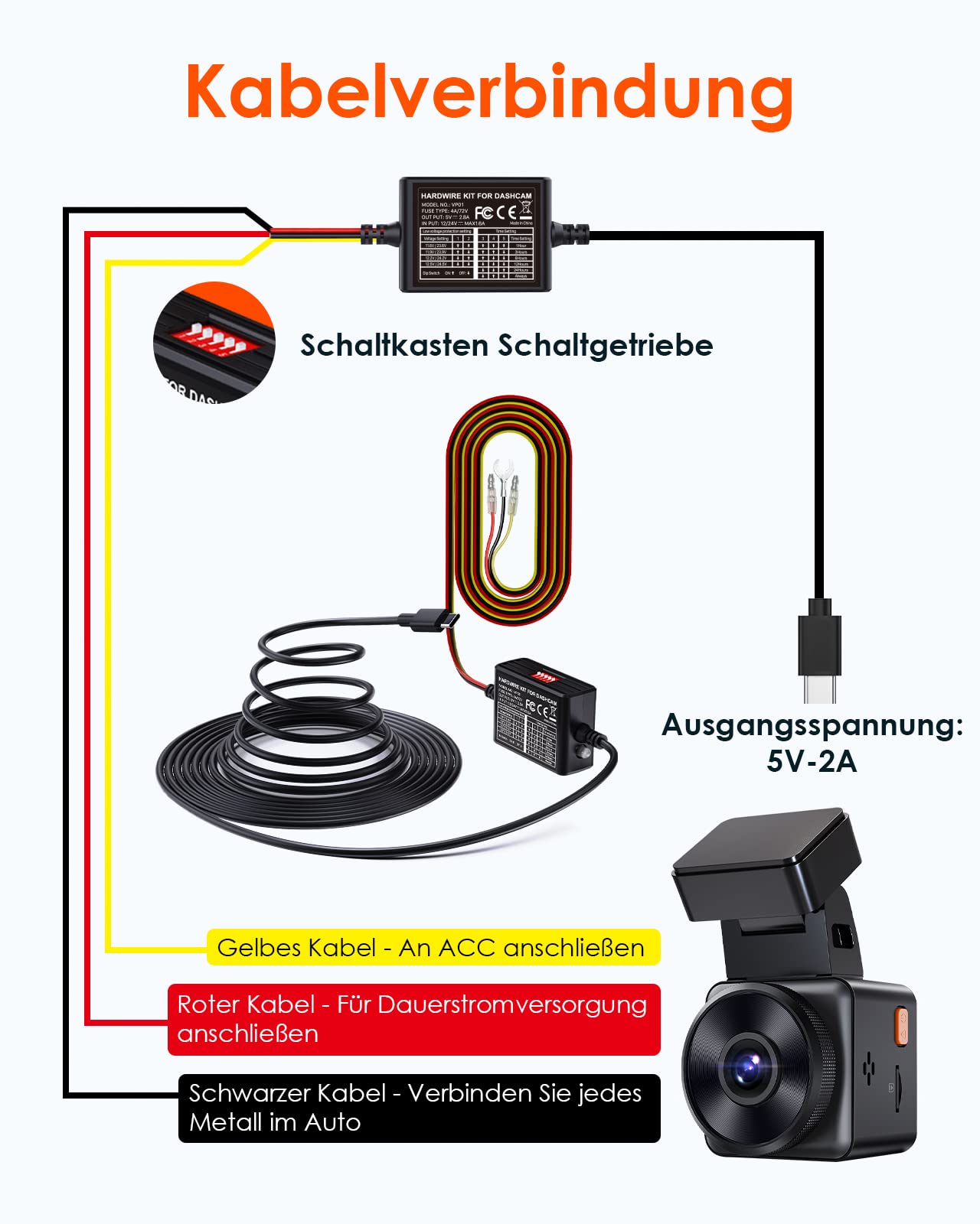 VANTRUE Kit de cableado USB-C de 5 Niveles y 11,5 pies con Acceso para Todas Las cámaras CDashcam USB, 6 configuraciones de Tiempo de grabación, 12 V-24 V a 5 V, 24 Horas. Modo de estacionamiento