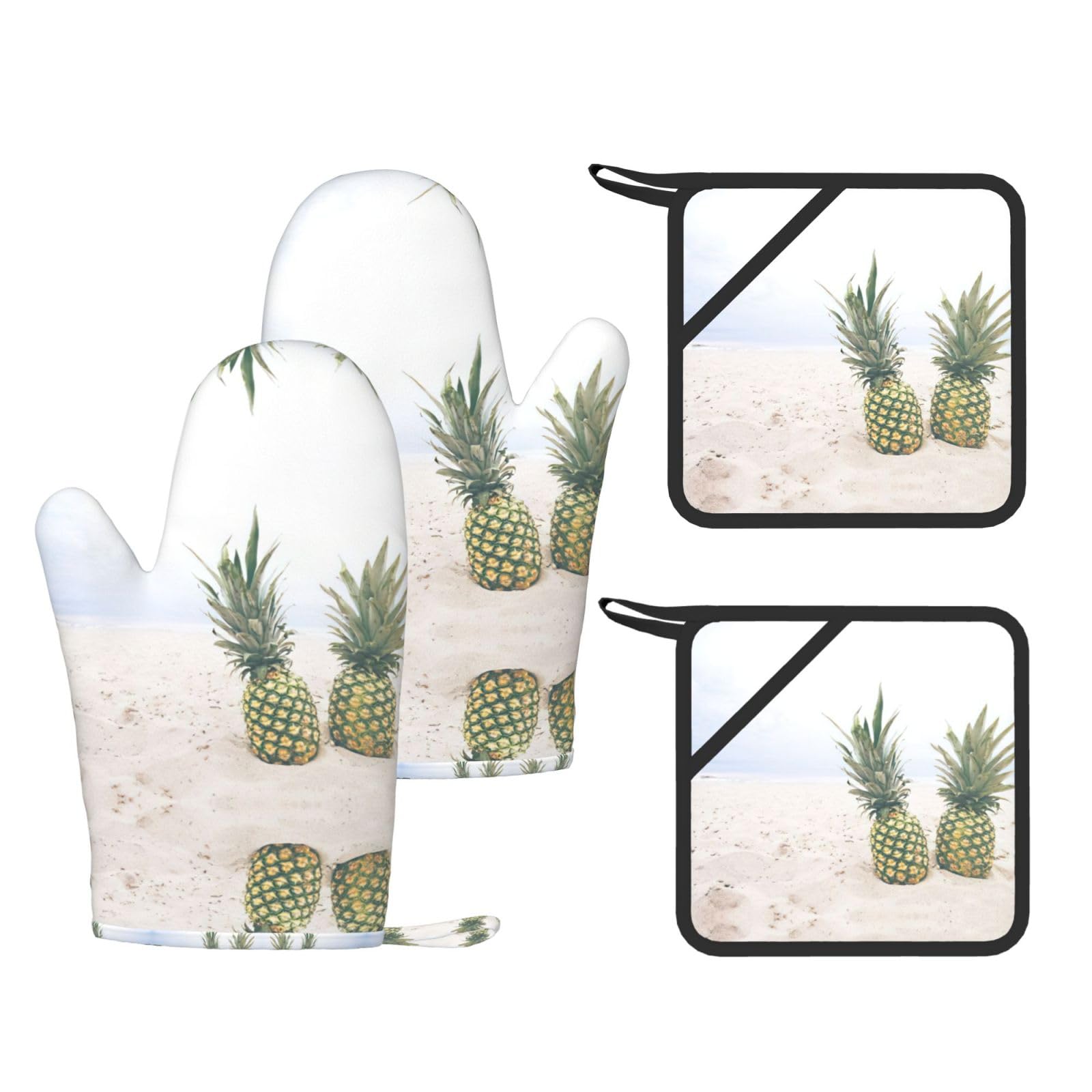 pineapple Painting Trendy Printed Kitchen Set with Heat Resistant Gloves & Non-Slip Hot Pads for Baking & Grilling