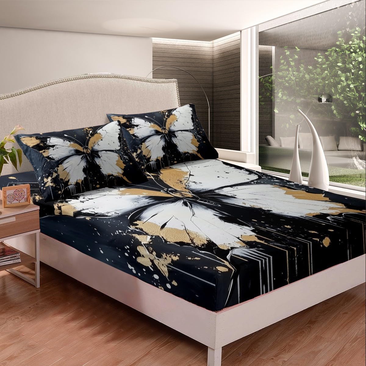 jejeloiu Butterfly Bed Sheets Set Twin Size Kids Black White Fitted Sheet with Deep Pocket for Boys Girls Teens Oil Painting Bedding Set Breathable Animal Bedroom Decor