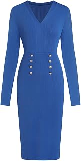 Women's Long Sleeve Wear to Work Midi Dress Lightweight V Neck Business Office Sheath Bodycon Pencil Office Dress Fall