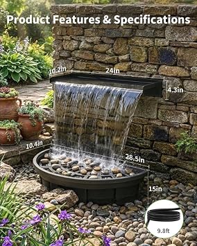 POPOSOAP 24inch Pond Waterfall Spillway with Filter Box & 1600GPH Pump, Self-Circulating Water Feature with LED Lights, Pondless Waterfall for Garden Backyard Courtyard Landscape Decoration-P7665
