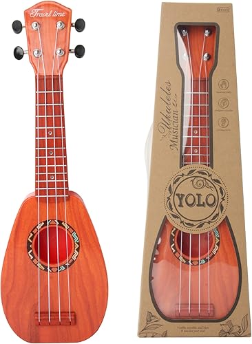 Miniatura 8 de YOLOPARK Guitarra de juguete para niños de 17 pulgadas para niñas y niños, mini guitarra de ukelele con 4 cuerdas para mantener los tonos, puede