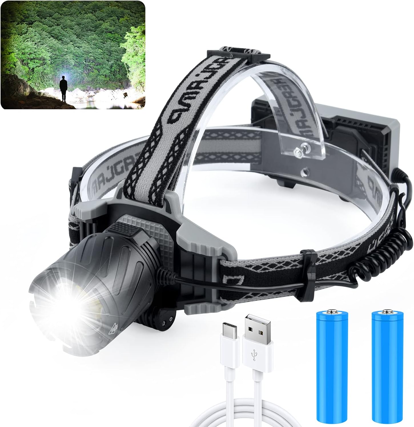 XHP99 Head Lamp Outdoor Led Rechargeable Headlamp for Adults,100000 Lumens Rechargeable HeadLamps, Digital Power Display, Zoomable, 4 Modes, Red &Blue Warn Light (Batteries Included) (M)