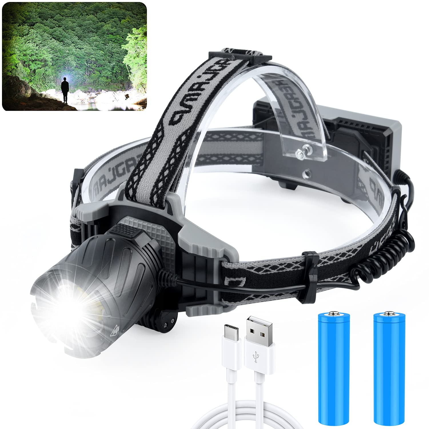 XHP99 Head Lamp Outdoor Led Rechargeable Headlamp for Adults,100000 Lumens Rechargeable HeadLamps, Digital Power Display, Zoomable, 4 Modes, Red &Blue Warn Light (Batteries Included) (M)