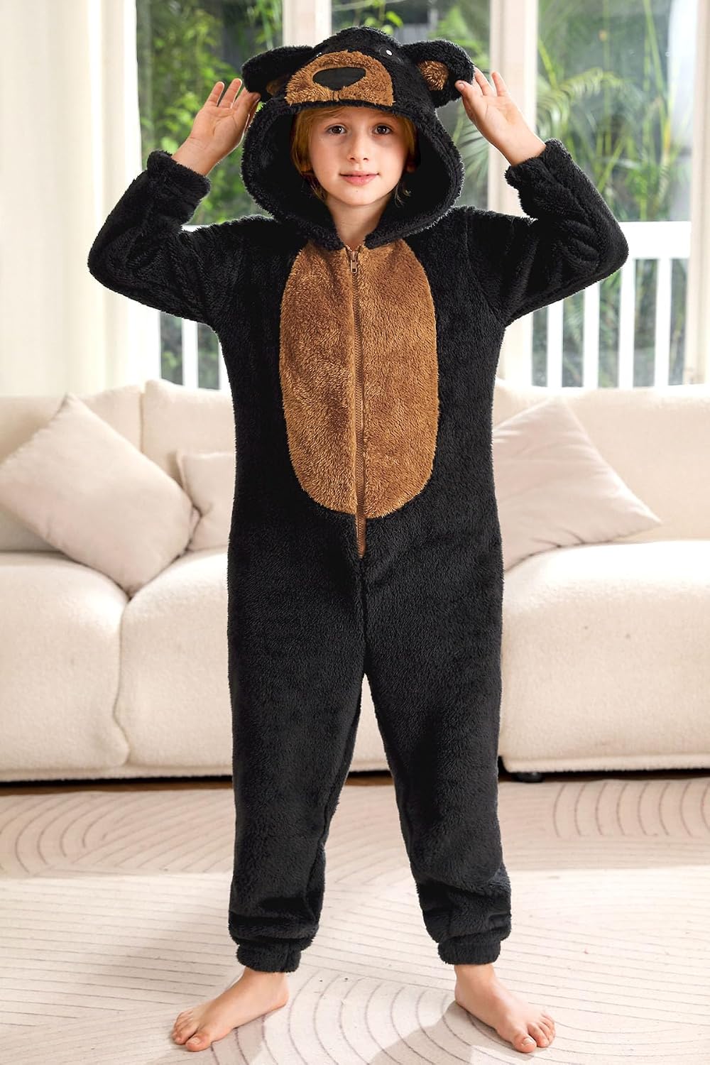 Little Boy Adorable Long Sleeve Flannel Hooded Jumpsuit Black Bear 6 Years