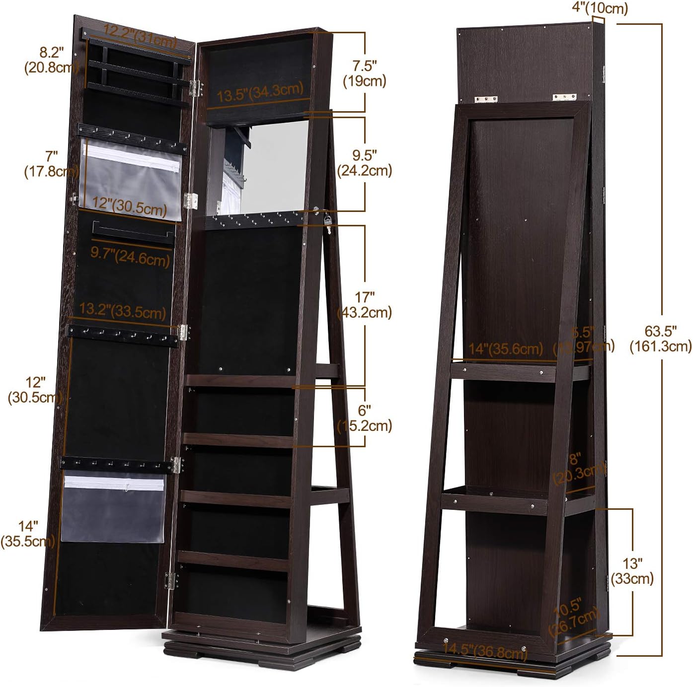 TWING Jewelry Organizer Jewelry Cabinet 360 Rotating, Lockable Standing Wall Jewelry Armoire with Full Length Mirror Large Jewelry Armoire Cabinet(Brown) : Clothing, Shoes & Jewelry