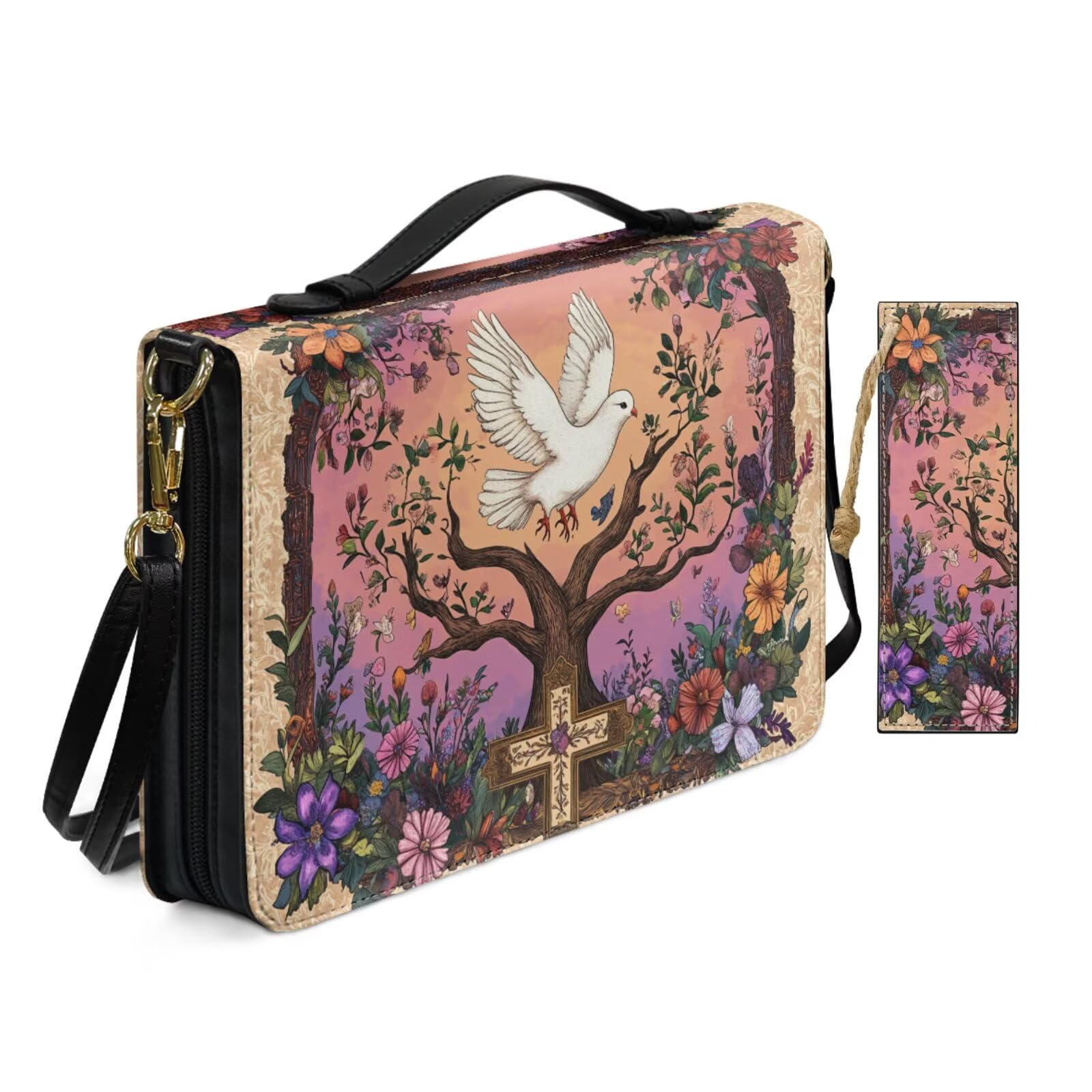 Pink Religious Floral Illustration Cross Dove Bible Cover Case for Women Travel Church Worship Print Pu Leather Crossbody Shoulder Strap Bible Bags with Bookmark & Handle Pockets Zippered