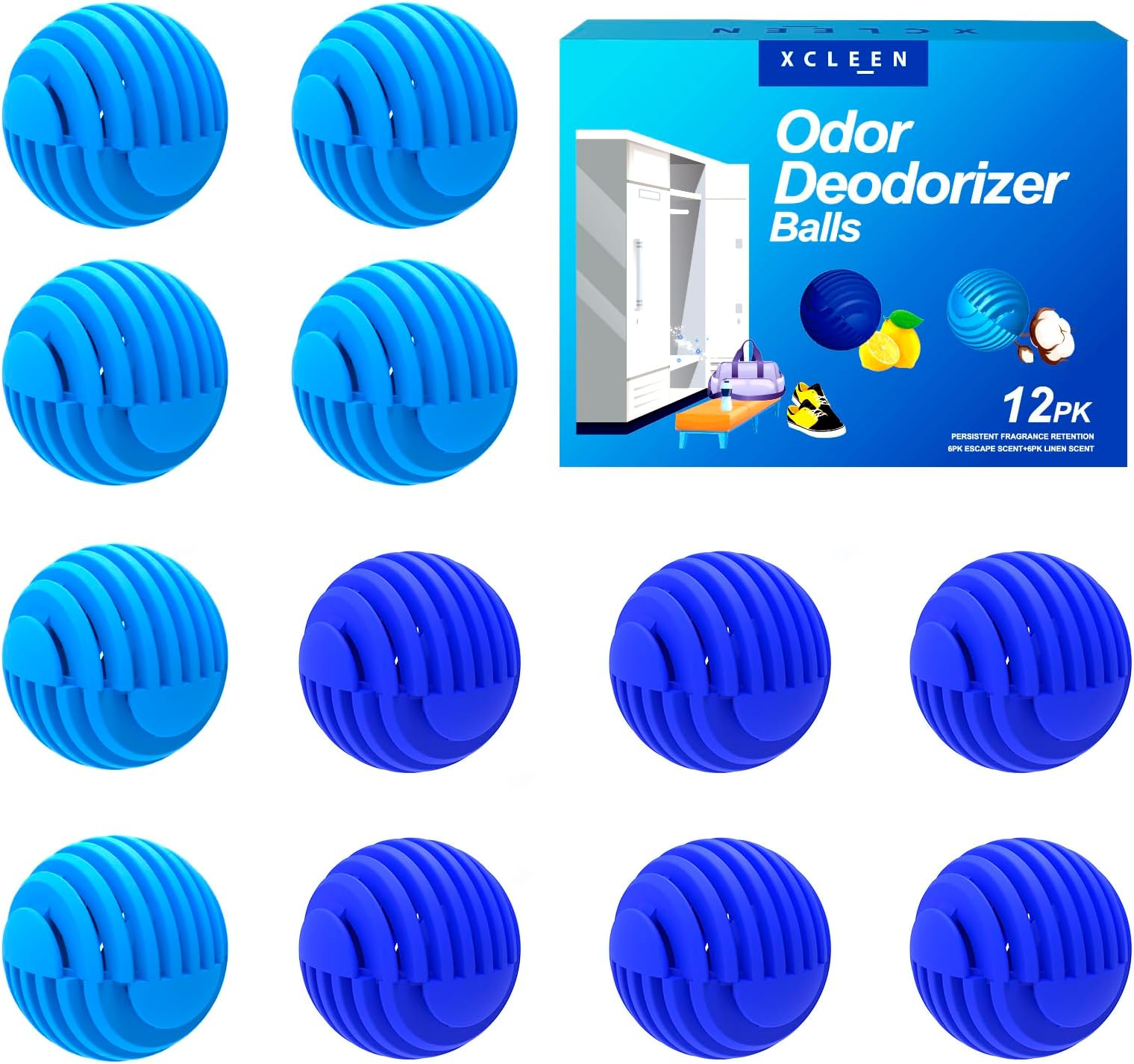 Xcleen Sneaker Deodorizer Balls 12 Pack, Linen and Escape Scent, Odor Eliminator Balls for Closet Car Gym Bag, Long Lasting Small Space Air Freshener With Essential Oil