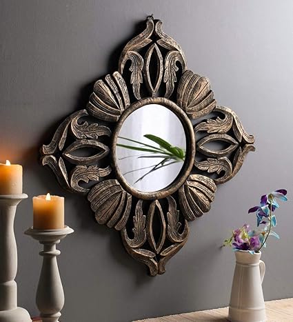 THE URBAN STORE Decorative & Hand Crafted Wooden Square Antique Gold Finished Vanity Wall Mirror for Living Room, Bathroom, Bedroom, Office (20x20 Inches)