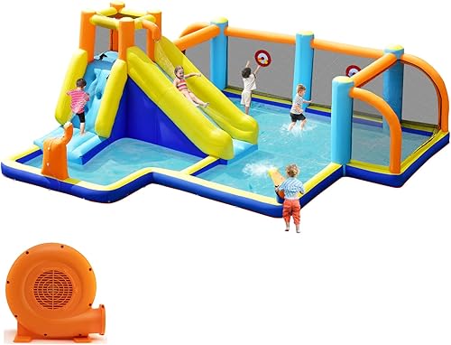HONEY JOY Tobogán acuático inflable, parque acuático gigante de fútbol con objetivos para exteriores, piscina de chapoteo, escalada, toboganes