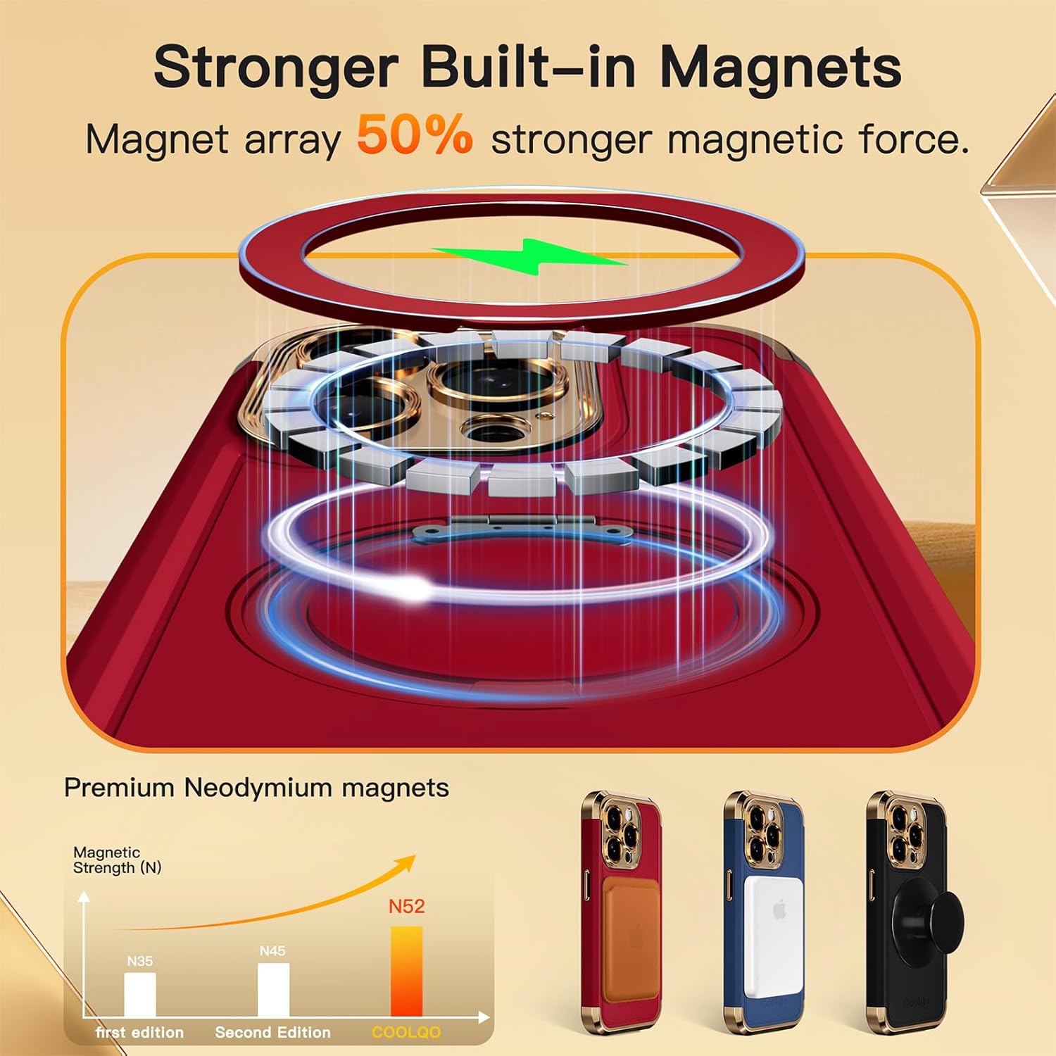 COOLQO for iPhone 15 Pro Max Case 6.7'' Upgraded 360° Spin Magnetic Stand [Compatible with Magsafe][Military Protection] Shockproof Protective Phone Holder Cover for iPhone 15 Pro Max, Red Gold