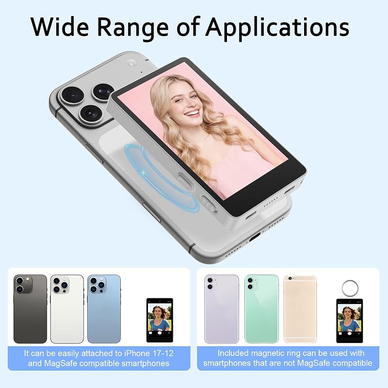 Monitor selfie magnetic pentru telefon mobil Bettdow de 3,97 inchi, ecran pentru cameră spate wireless cu difuzor pentru iPhone și Android, alb