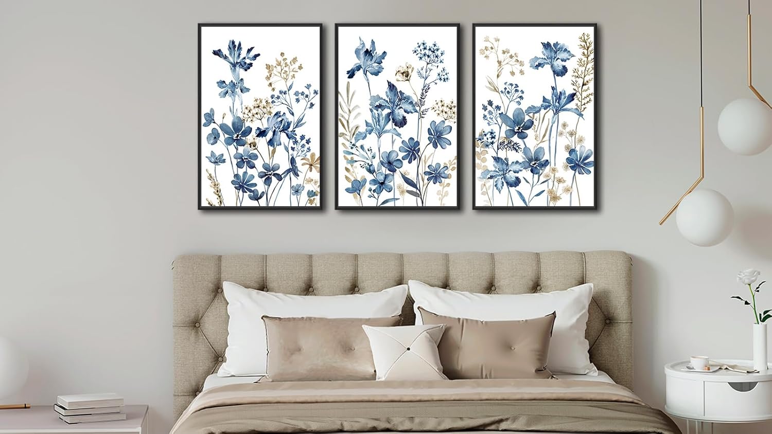 Large Framed Floral Wall Art - Watercolor Blue Iris Flower Wall Decor 20"x28" Set of 3 Elegant Wildflower Painting Prints Rustic Botanical Canvas Pictures for Living Room Bedroom Bathroom Artwork