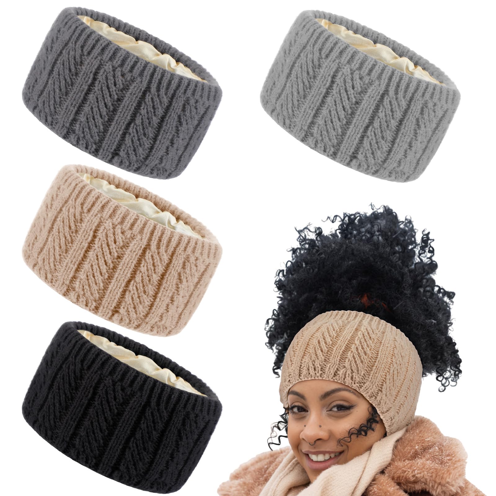 Chicingyou 4 Pack Satin Lined Knit Ponytail Beanie for Women, High Bun, Natural Curly Hair