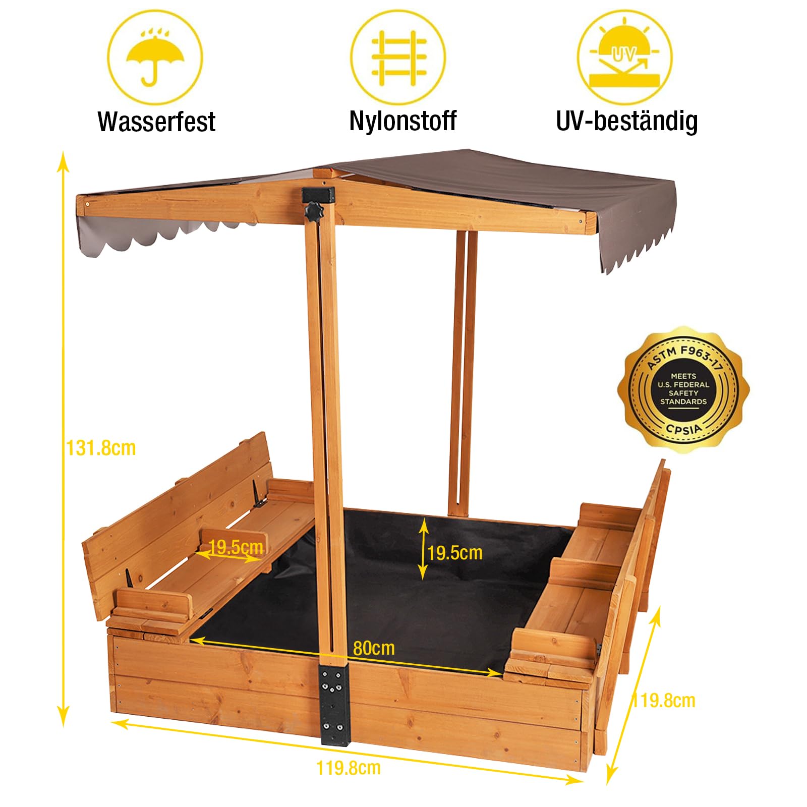 Aivituvin Kinder Sandkasten mit Abdeckung, 120x120x132cm Holz Deckel sandkiste mit aufziehbarer Dach, faltbaren Sitzbänken für draußen mit Aufbewahrungsbox