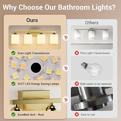 Miniatura 122 de Quntis Lámparas de baño negras de 4 luces con 5 modos de color, lámpara de tocador moderna regulable de 27 pulgadas sobre espejo, lámpara de pared