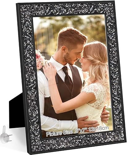 HIKWADERY Portarretratos de 5 x 7 pulgadas con purpurina, marco de fotos negro brillante con cristal real HD, para pared o mesa (5 x 7 pulgadas,