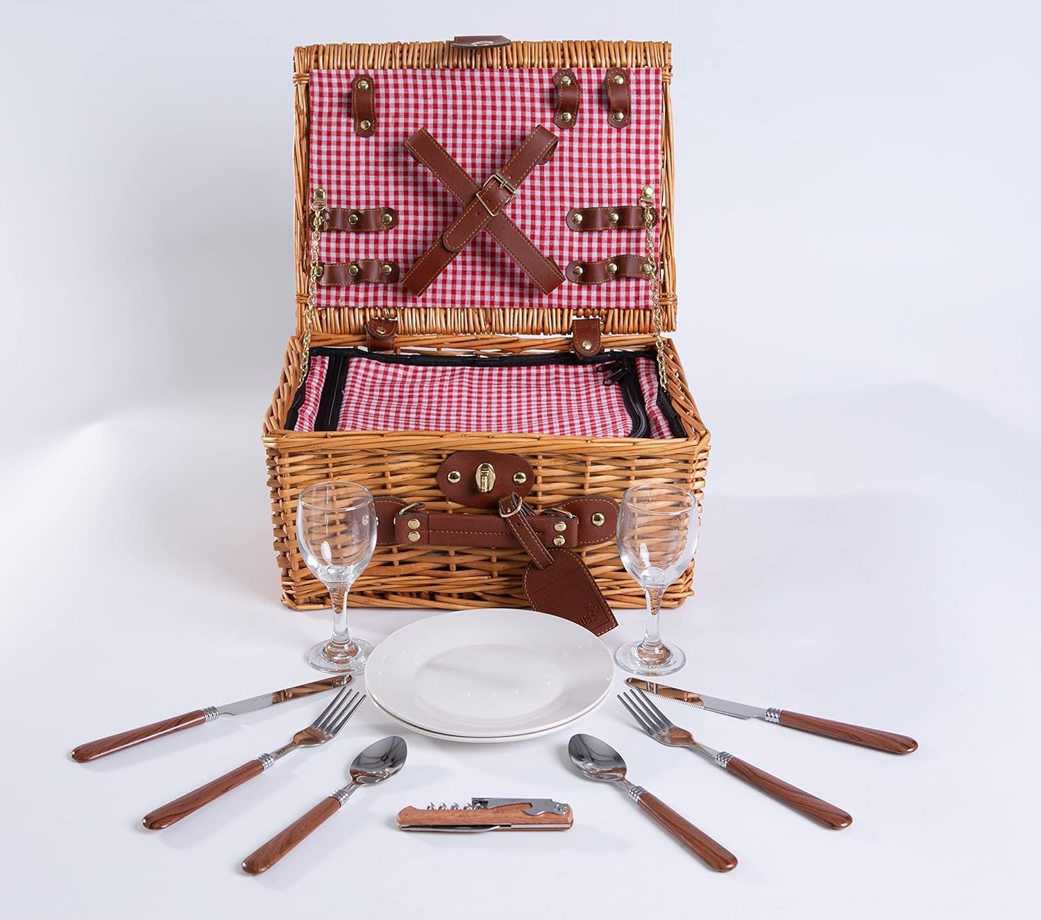 Set 1 Handgefertigtes Picknickkorb für 2 Personen mit Kühlfach und Zubehör + 1 wasserdichte Picknickdecke | Rot