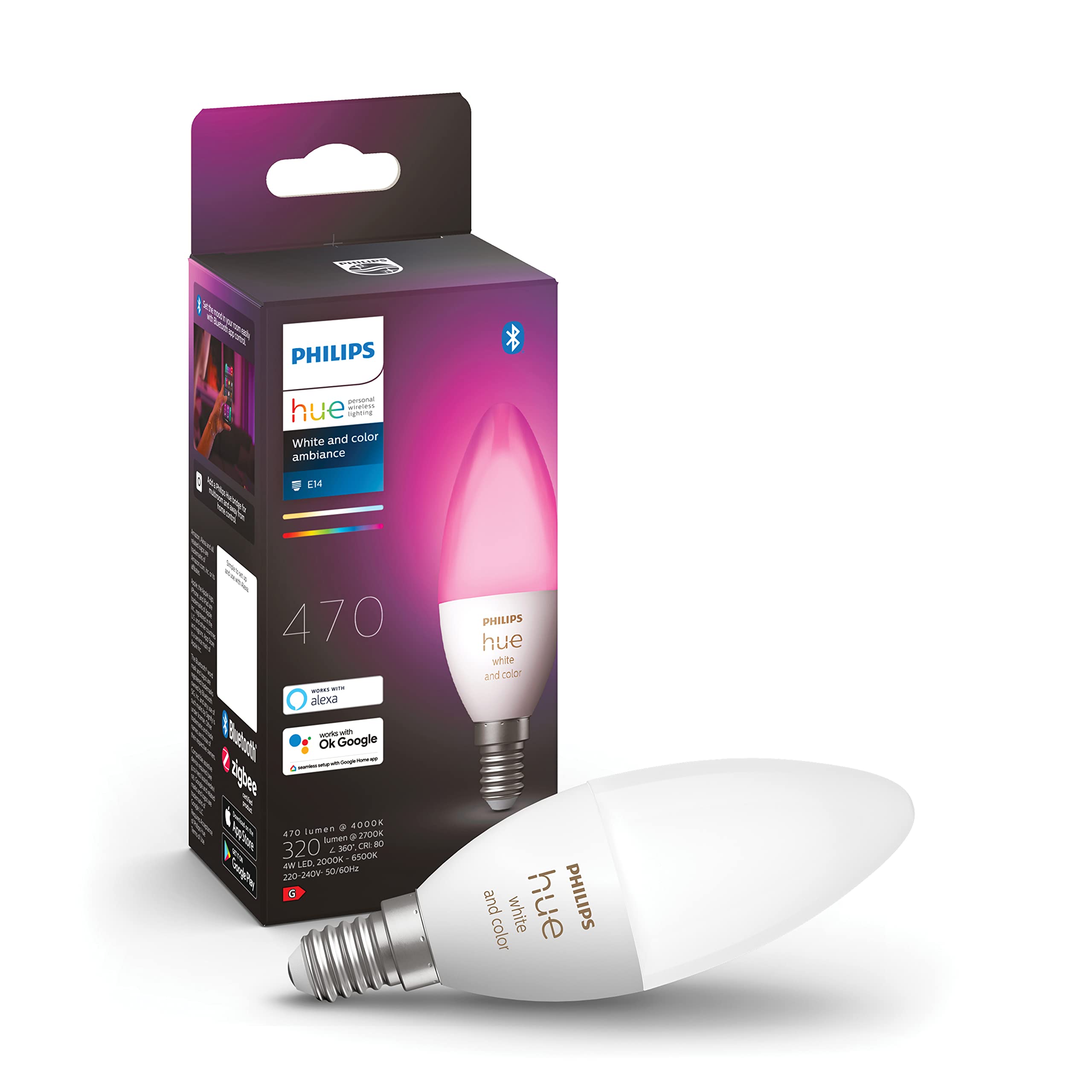 Philips Hue Vorteilspaket - E14 - mit 4 Kerzen LED Lampen - Weißes und Farbiges Licht - inkl. 1 Hue Dimmschalter - Hue White and Color Ambiance