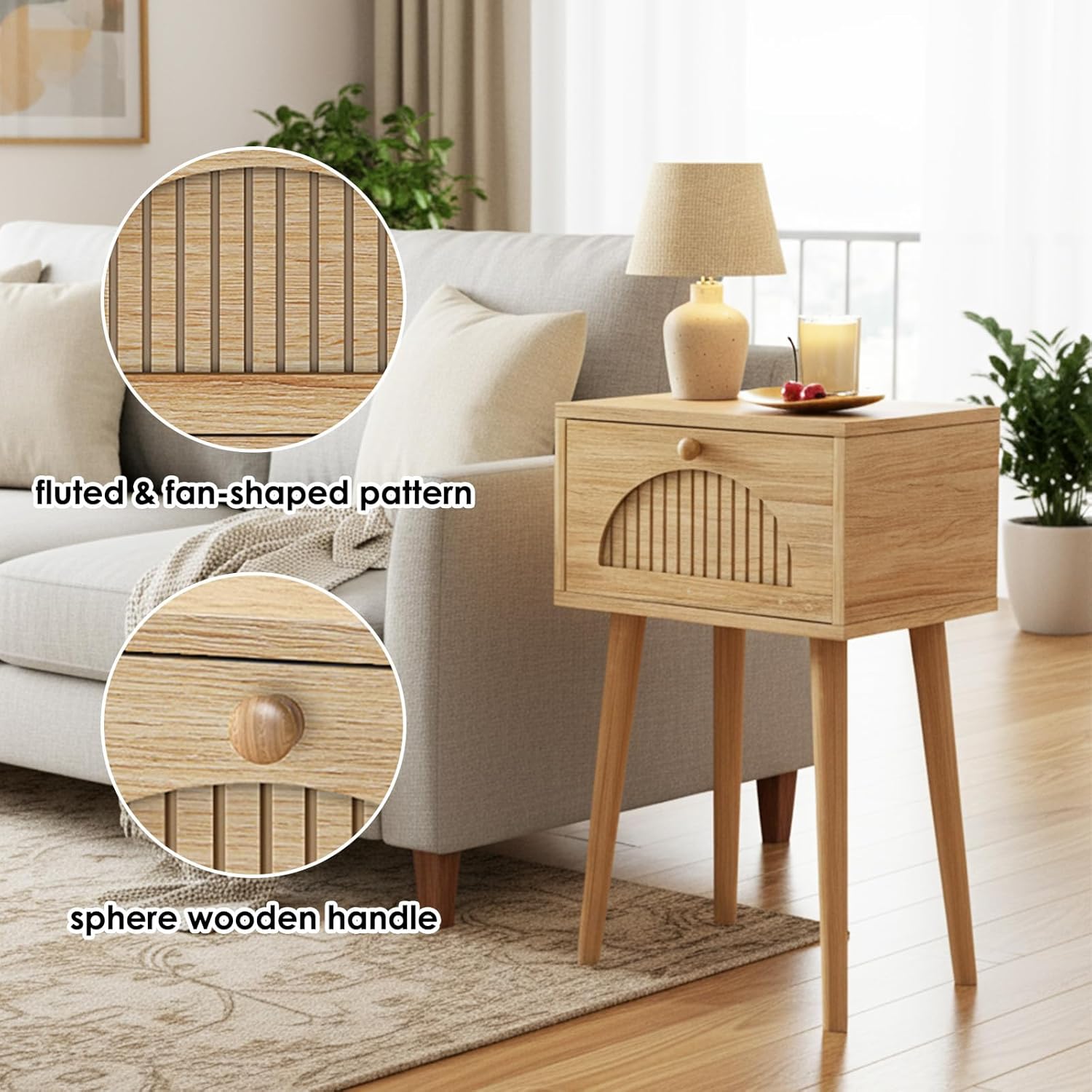 Fixwal Nightstands Set of 2 with Fluted Door, Small End Table with Solid Wood Feet for Bedroom Small Space, Modern Mid-Century Bedside Table, Natural Oak, 13.8 x 10.6 x 21.3in