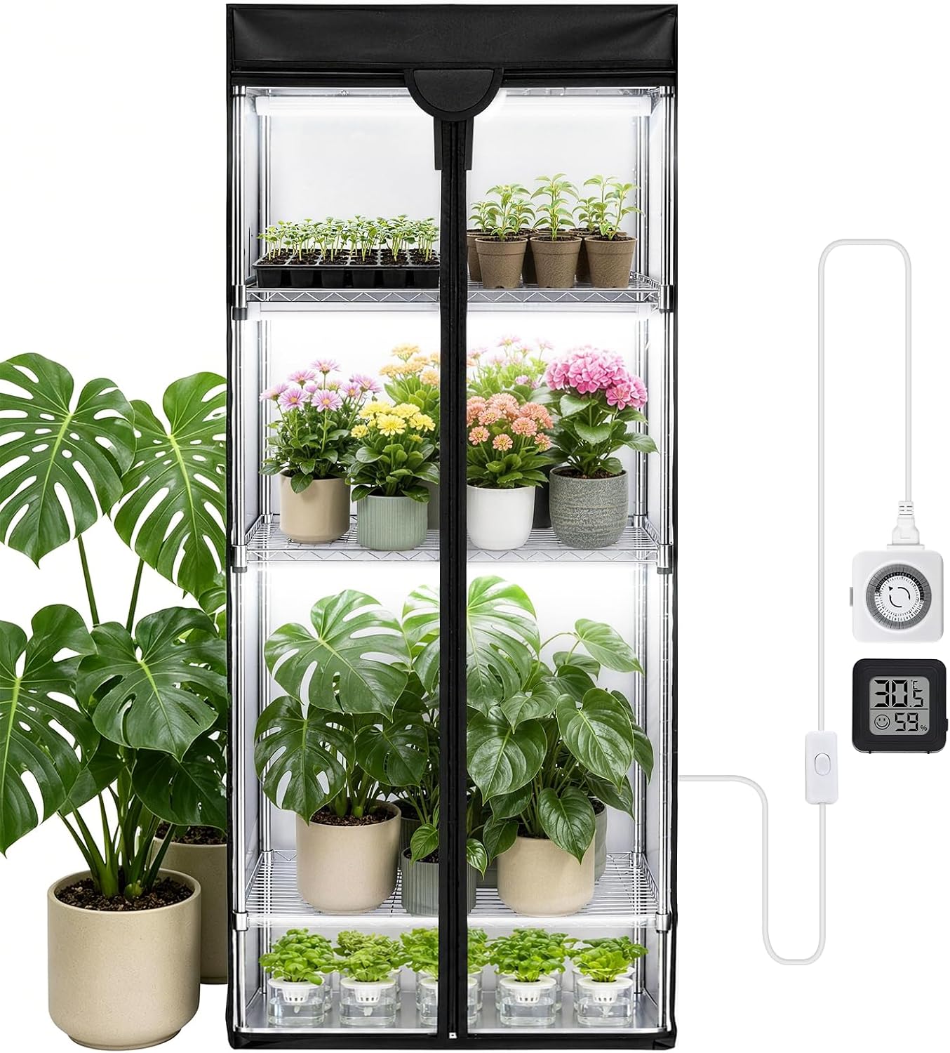 BAOSHISHAN 4 Tier Indoor Greenhouse with 4 * 18W Full-Spectrum Grow Light | 5500K High-PPFD Grow Light, High Reflective Heat-Lock Tent, Adjustable Shelves, for Seed Starting Plant Growth (24x13.8x59IN)