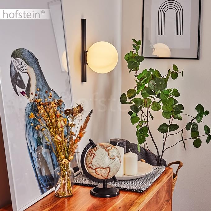 hofstein Wandlamp Chamouscady, moderne wandlamp van metaal/glas in zwart/wit, lamp met kap van echt glas/melkglas, 1 vlam, 1 x E14, zonder gloeilamp
