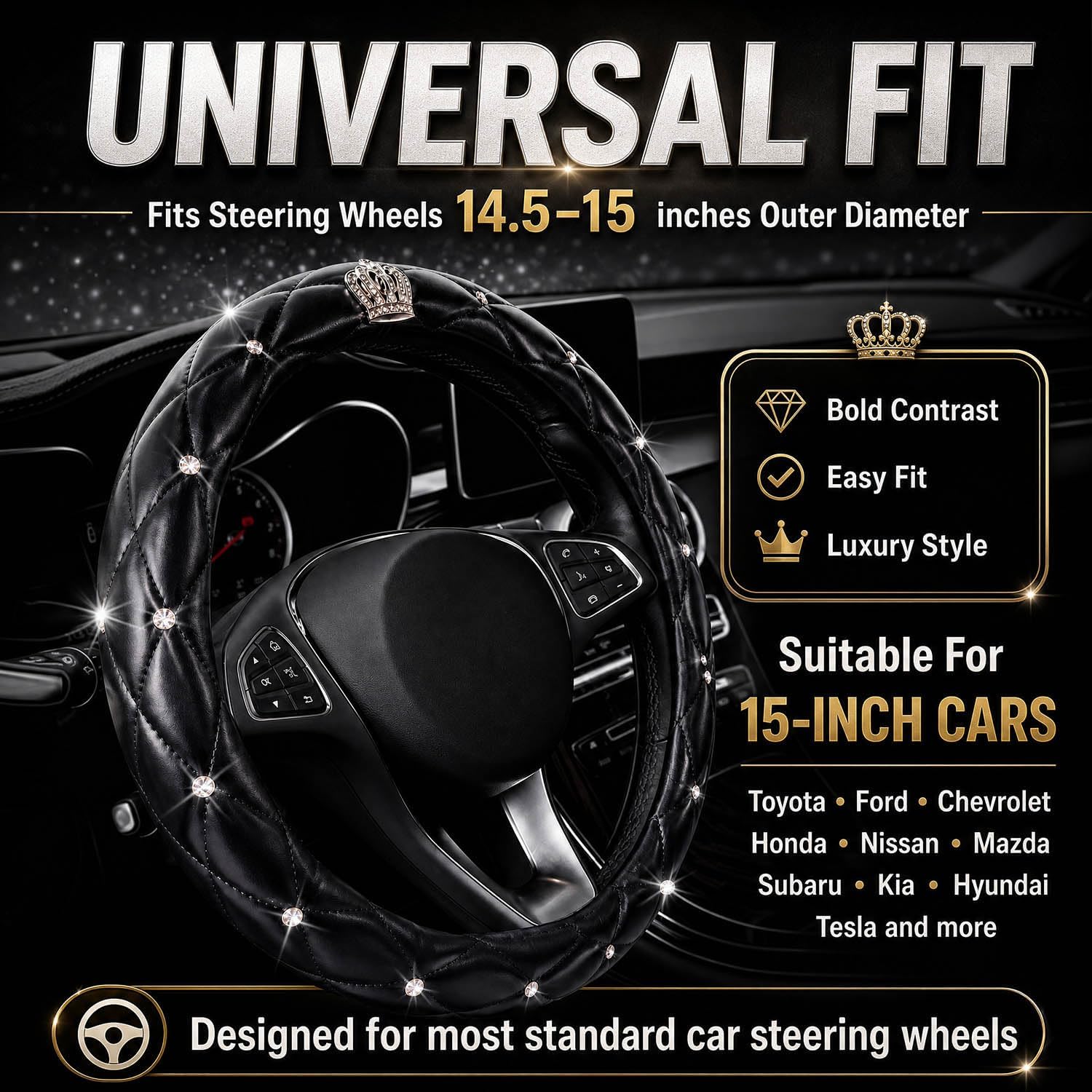 New Diamond+Leather Steering Wheel Cover,Bling Crystal Rhinestones Steering Wheel Cover Universal Fit 15" Car Wheel Protector for Women Girls (Black Crown)