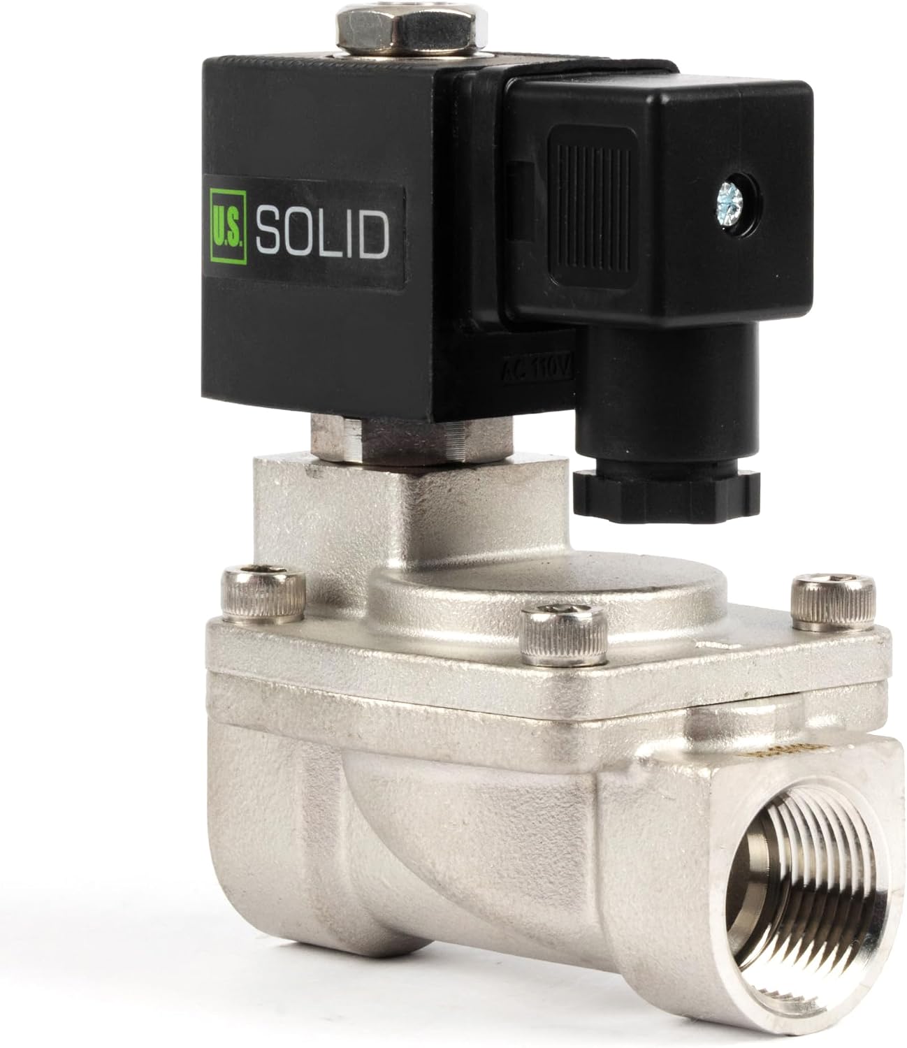 U.S. Solid Stainless Steel Solenoid Valve 3/4" - 110V 120V AC, Normally Closed, 4.4-232 PSI, Pilot-Operated, Viton Seal