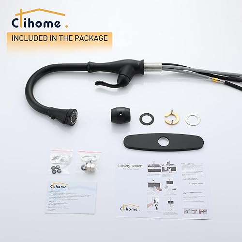 Miniatura 6 de Grifo de fregadero negro de una sola manija, grifo de fregadero de cocina con rociador extraíble, grifo de cocina RV de arco alto con placa de