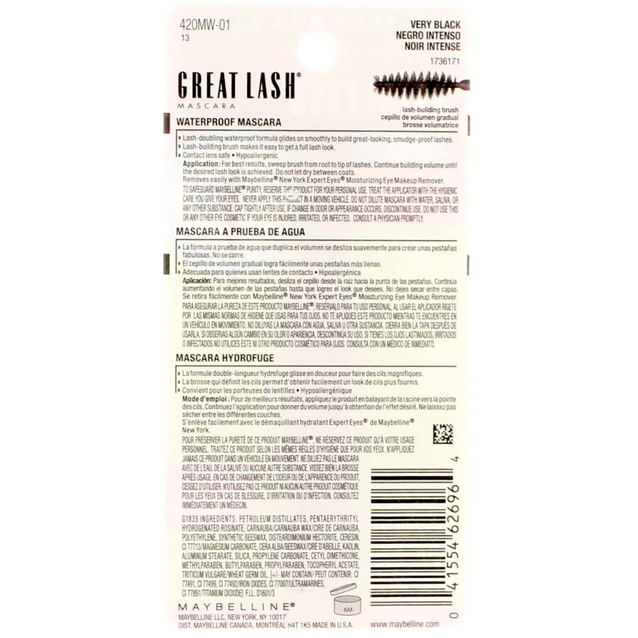 Maybelline Great Lash Waterproof Mascara, Very Black [111], 0.43 oz (Pack of 6)