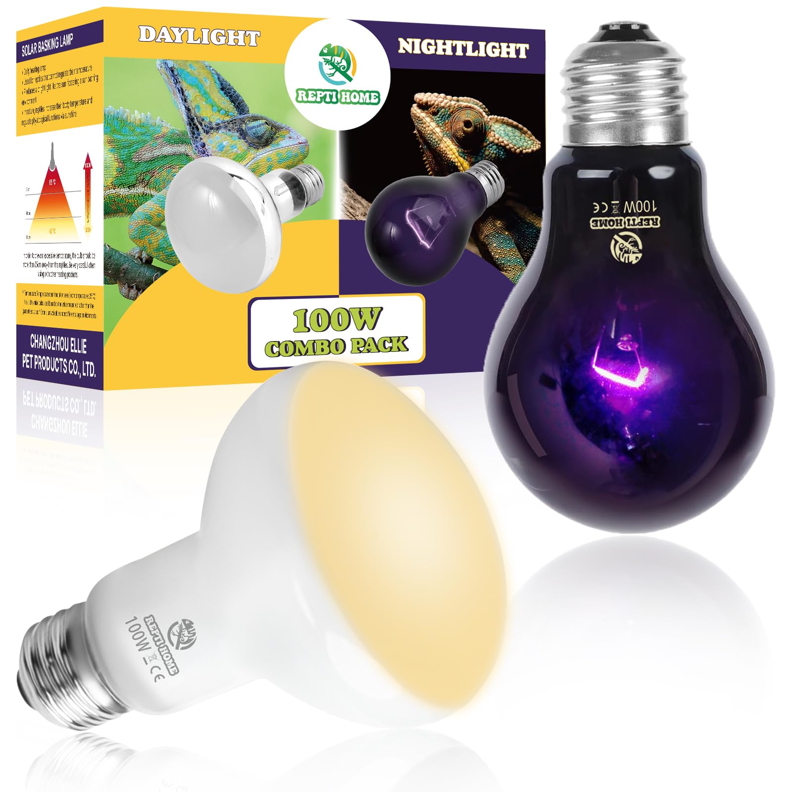 REPTI HOME Reptile Heat Lamp 100W Combo Pack, Day and Night Basking Spot Bulb for Amphibian Includes Black Heat Lamp UVA Daylight Heating Light