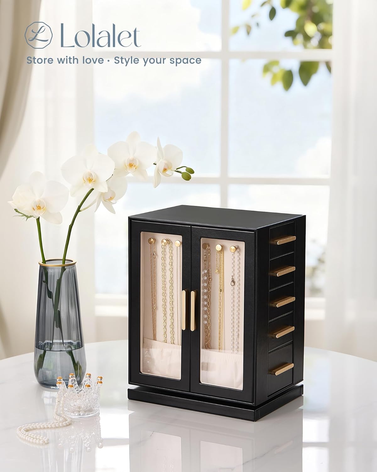 Lolalet Rotating 360° Jewelry Box, Clear Window Jewellery Storage for Earrings Bracelets Necklaces Rings, Large Vertical Organizer for Women, Valentine's Day Gift -Black - Image 2