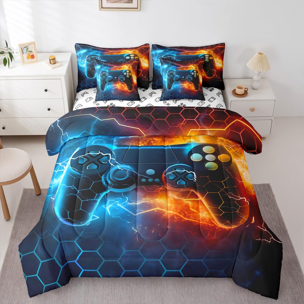Juego de ropa de cama de 7 piezas de videojuegos para niños y niñas con edredón matrimonial