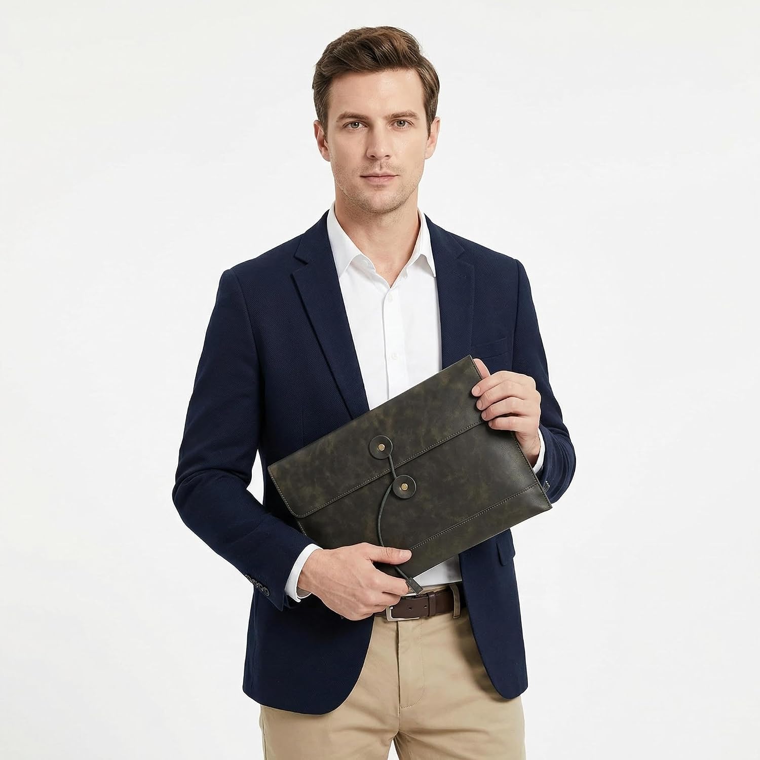 Vintage pu Leather 13.5" Certificate File Sleeve Case Business Manila Clutch Envelope Bag Office Documents Folder (Army Green)