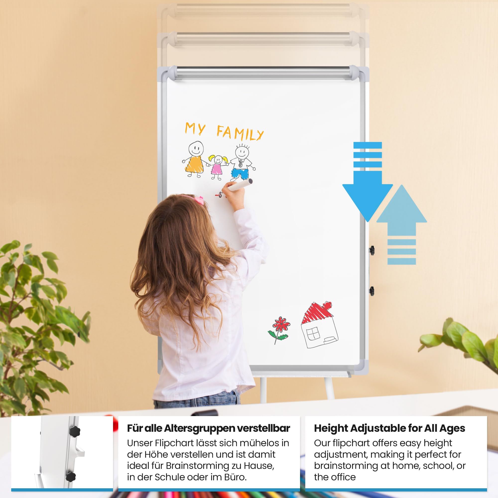 Jago® Chevalet de Conférence - avec Trépied Réglable en Hauteur, 60 x 90 cm, Magnétique, Effaçable, Incluant Marqueurs, Aimants, Papiers, Éponge - Paperboard, Tableau Magnétique Blanc