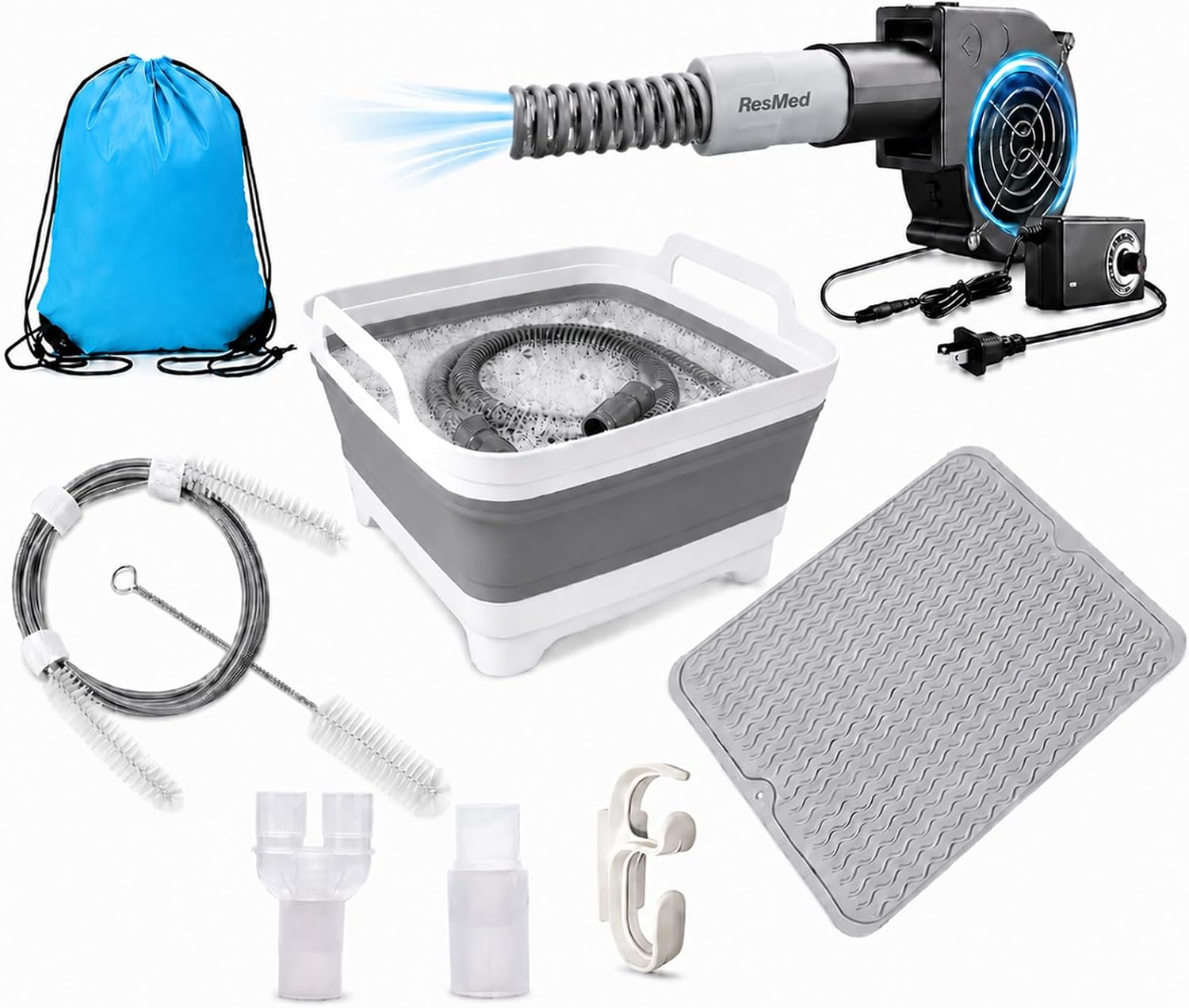 CPAP Cleaning and Drying Kit with Hose Dryer, Wash Basin, Hose Brush & Mat