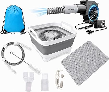 CPAP Cleaning and Drying Kit with Hose Dryer, Collapsible Wash Basin, Full-Length Hose Brush, Thick Silicone Drying Mat, Hanging Hook, Dries 1 or 2 Hoses, 10-Speed Airflow, No Heat