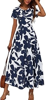 Women's 2024 Short Sleeve Round Neck Casual Summer Flowy Maxi Spring Dresses with Pockets - Buy now