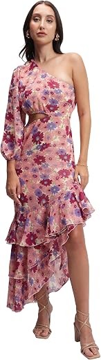 Tokyo Talkies Womens Elegant One-Shoulder Floral Maxi Dress | Long Sleeve, Front Cut-Out & Ruffle Hem for A Graceful Look...
